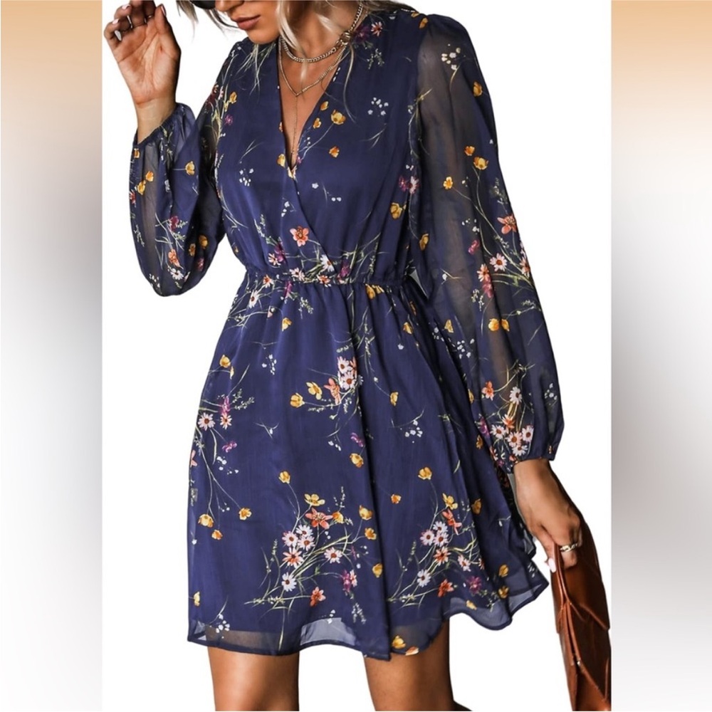 Cupshe Navy Floral Long Sleeve Dress (M)